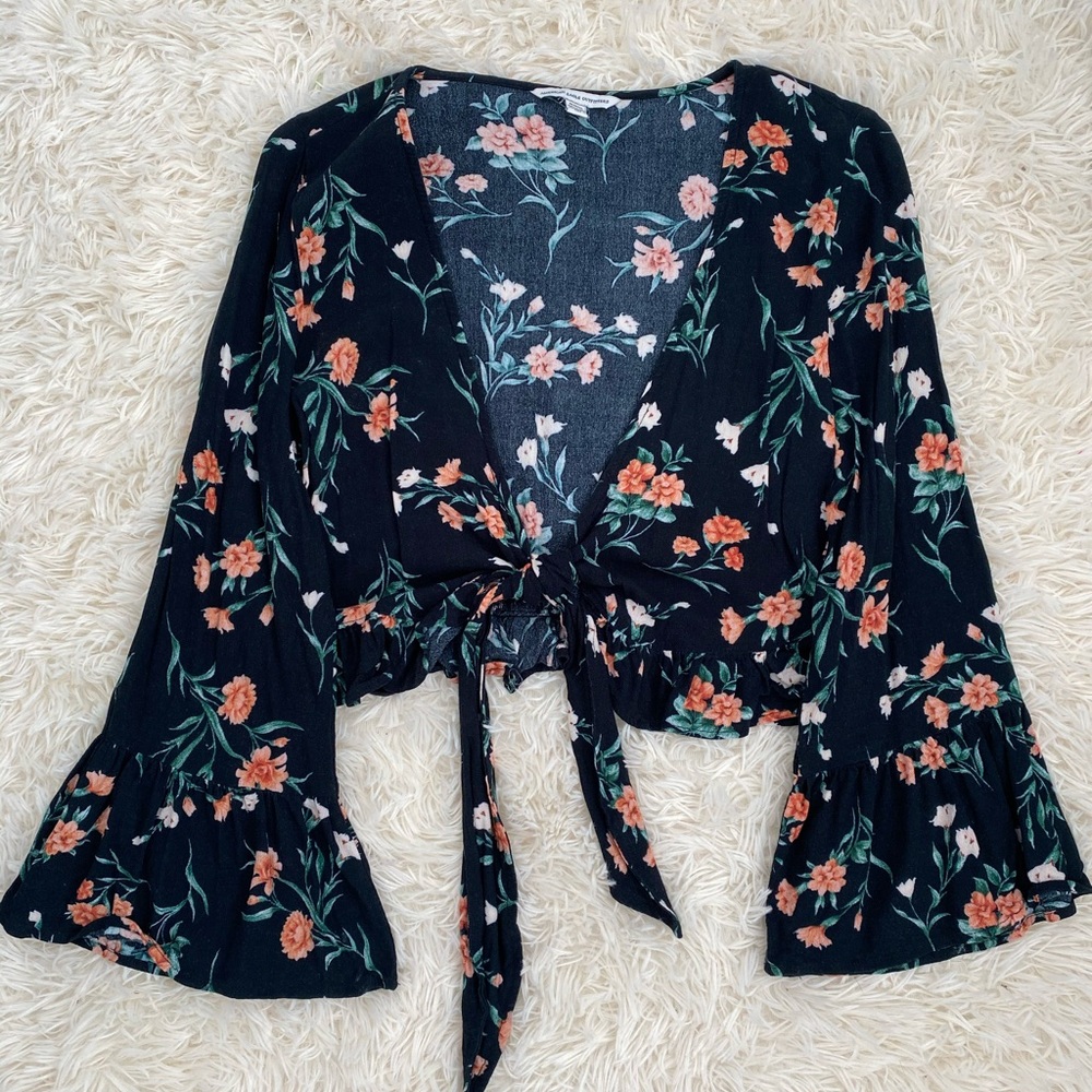 Flare Sleeve Tie Front Top